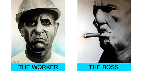 - Kunstenaar: Bartosch Pikon (D) - Titel: 'the worker' (2003) en 'the boss' (2003) - Medium: acrylverf op canvas (unica) - Afmetingen beide werken: 100cm x 80cm - Collectie: Splinter